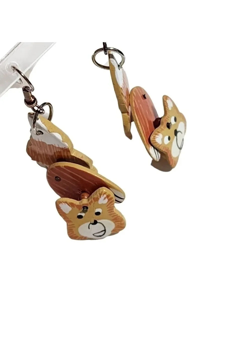 Vtg Handmade painted wood articulated dangle Cat or Fox earrings pierced
